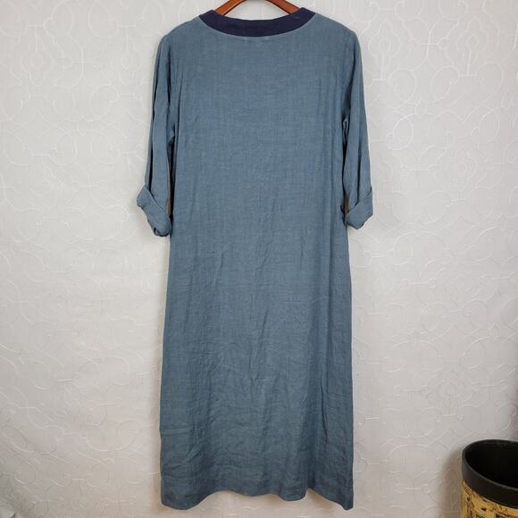 VTG Subtle Tones Linen Dress XS Blue Square Neck Side Ties Lagenlook Maxi - Picture 3 of 12